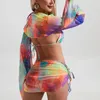 Swimwear féminin Bikini coloré 2024 Couverture d'été Swimsuit 4 pièces Femme à manches longues Sexy Tie Dyeing Suise de bain Jupe de plage