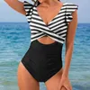 Kvinnors badkläder Sexig One Piece Swimsuit Ruffle Coutout Bodysuit Ruched Striped Print Women Swimming Woman Bathing Beachwear