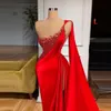 Elegant One Shoulder Red Prom Dresses Pearls Beaded Sexy Side Split Long Evening Gowns Plus Size Mermaid Pageant Dress