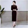 Roupas étnicas de tamanho grande 4xl feminina longa qipao tradicional chinês clássico mandarim colar veludo vestido cheongsam requintado shinestone dhz7e