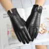 Five Fingers Gloves Fashion Women Genuine Leather Sheepskin Bow Decoration Veet Lining Keep Warm In Winter Black 230210 Drop Delivery Dhmbq