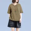 Bloups feminina feminina camiseta de camiseta camiseta elegante camisa de decote em v impressão em V com bolso de bolso de manga curta solta no verão