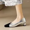 Dress Shoes Women's Pumps Patchwork Boat Ladies Square Toe Slip op Designer Gold Sliver High Heels Autumn Zapatos de Mujer