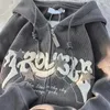 Kadın Hoodies Sweatshirts Kadın Retro Nakış Hoodies Sonbahar Kış Zip Yukarı Uzun Kollu Gevşek Ceket Kats y2k Casual Pocket Hooded Sweatshirts 240413