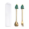 Spoons 2PCS Christmas Gift Glod Spoon Fork Set Elk Tree Decoration Dessert Scoop Fruit Coffee Cutlery Doll