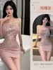 Casual Dresses Female Sexy Shining Nightclub Tempting Open Back Nightgown Dress Elegant Mini Pil Collar Sweet Sequin 9pn5