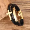 Punk Fashion Bangles Black Initial Stainless Steel Woven Handmade Leather Bracelet Charms Golden Mens Letter Jewelry11308512