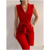 Tute da donna Rompers y Black Office Stituit Lady Lady Elegant Pocket Metal Button BodyCon Play-Suit Casual Sleeveless Lace-Up Rompe DHCA3