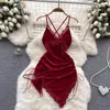 Casual Dresses Women Sexy Deep V Lace V-neck Low Cut Irregular Wrapped Hip Velvet Suspended Strap Spicy Girl Open Back Purely Dress 2024