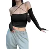 Damen T-Shirts Frauen Y2K Spaghetti Gurt Crop Top sexy niedrig geschnittene lange Ärmel von Schulter T-Shirt Streetwear Clubwear