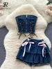 Singreiny Sweet Denim Dwa sztuki zestawy Zipper bez ramiączek Y2K Topelastic Mini Culottes Lace Up Cross Bandage Streetwear Suits 240410