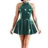 Vestidos casuais Clube Shiny Sleeveless A-Line Pleated Mini Dress Sexy Halter Halter Skater Skater molhado Salia de couro PVC