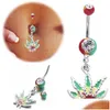 Navelklockknapp ringer rostfritt stål Kristall Rhinestone Belly Bar New Body Piercing smycken dinglande lönnblad charms droppe leverera dh1fd