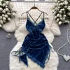 Casual Dresses Women Sexy Deep V Lace V-neck Low Cut Irregular Wrapped Hip Velvet Suspended Strap Spicy Girl Open Back Purely Dress 2024