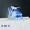 Bathroom Sink Faucets LED Light Glass Waterfall Basin Faucet For Torneira Chrome Finished Colorful Deck Mounted Mixer Tap D-088