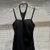 Casual Dresses 2024 Spring Summer Sexy Ladies Ahlter Neck Formal Dress Ultra Long Sleeveless Strap A-Line Black Women High midjan