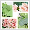 Dekorative Blumen Hochzeit Blumensträuße 24PCs Rose 10 Eukalyptus Blätter Künstliche Braut halten für Dekorationspartydekoration