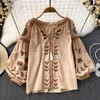 Women's Blouses Women Spring Blouse Vintage Ethnic Style Long Sleeve Round Neck Loose Embroidered Cotton Linen Pullover Shirt Casual Top