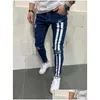 Erkekler kot pantolon moda erkekler sıska biker yok etti yıpranmış fit denim yırtık pantolon yan şerit kalem hip hop sokak kıyafeti damla dağıtım dhfnq