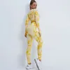 Lu-Set Jumpsuit ausrichten Zitronen nahtloser Krawatten-Dye-Yoga-Sets Sport Fiess hohe Taille Hüfte Heben Sie Hosen Langarmanzug Workout-Kleidung Fitnessstudio Legging