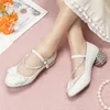 Vestido Sapatos 2024 Spring Girls High Heels Mary Jane Pumps Party Wedding Wedding White Pink Bege Badyd String Bow Princess Cosplay Sapato Mulheres