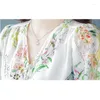 Kvinnors blusar 2024 Spring Summer Women Blus Fashion Pärled Silk Chiffon Shirt V-Neck Loose 3/4 Sleeve Floral Printed Tops