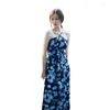 Casual Dresses Hanging Neck Open Back Printed Dress Halter Backless Slimming Female