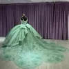 Mint Green Sexig Spaghetti Strap Princess Quinceanera Dress Ball Gown Flower Beading Bow Sweet 16 Dress Vestido de 15 Anos