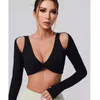 Chemises actives 2 en 1 Sexy V Neck Sports Yoga Yoga Femmes Long Mancome d'entraînement Fitness Crop Top avec poitrine Front Front Kinke Cutout Running Tees