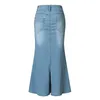 Skirts 2024 Women'S Hip Wrap Slim Fit Denim Mid Length Half Skirt Casual Front Button Washed A-Line Long Jean