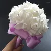 Bröllopsblommor 2024 Handgjorda Beautifu Lilac Bridal Bridesmaid Flower Bouquet Artificial Rose Ribbon Crystal Bouquets de Noiva