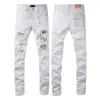 Nova marca roxa de alta qualidade 1 1 2024 Slim Fashion Jeans High Street White Patch Ripped Jeans