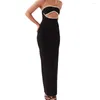 Casual klänningar kvinnor vintage tube tup lång kvällsklänning elegant svart rygglös ärmlös off-shoulder ihålig ut stropplös wrap