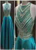 Aline Twopieces Halfter Luxuskristall ärmellose Abschlussball Kleid Perlen Mattes Satin Blue Long Evening Vestidos Longos2133389