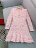 Spring Autumn Pink Plaid Tweed Ruffled Dress Long Sleeve Round Neck Double Pockets Short Casual Dresses W4A120325 Check Size Chart Please