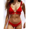 Kvinnors badkläder sexig V-hals 2-bit set bikini 2024 mujer ruffles push up women triangel baddräkt biquini solid thong strandkläder