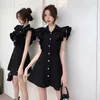 Casual Dresses Women's Chic Layered Ruffles Shoulder Sleeveless Mini Dress Lady Summer High Street Solid Color Single Breasted Slim Short