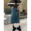 Vårkvinnor mitten av längd vintage denim kjol hög wasit rak front blixtlås slits fasta färgknappar aline blyerts kjolar 240329