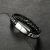 Link Armbanden sieraden eenvoudige stijl titanium stalen ketting geweven lederen armband retro punk heren cowhide