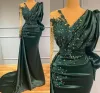 Stunning Dark Green Mermaid Evening Dresses Sexy V Neck Beads Appliques Crystals Pleats Top Sheer Sleeves Long Party Occasion Prom Gowns BC10945