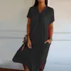 Abiti casual Lady Dress Abito elegante a V Neck Midi con tasche laterali Lace-Up Back Summer Women's Solid Color per morbido