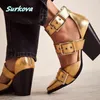 Dress Shoes Gold Adjustable Buckle Ankle Pumps Pointed Toe Chunky Heel Leather Mixed Colors Beautiful Fashion Elegant Women