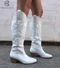 Bonjomarisa White Cowboy Cowgirls Western Boots Bordado Moda Mujeres Botas de rodilla High Diseño Autumn Boots Zapatos 240408