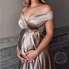 Sukienki macierzyńskie Ubrania dla kobiet w ciąży Elegancka satynowa szyfonowa luźna sukienka macierzyńska fotografowanie boho w ciąży sukienka 240413