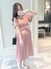 Maternity Dresses Pregnant Women Summer Dress Petal Collar Sweet Bubble Sleeve Temperament High Waist Maternity Gown Peter Pan Casual 24412