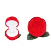 Smyckespåsar sammet ring box romantisk bröllopshållare med blommor stam röd rosengagemang förpackning fall 1 st