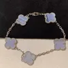 Designer 925 sterling silver VAN purple jade chalcedony four leaf clover bracelet plated with 18K white gold precision high version CNC handmade jewelry