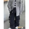 Trousers Children Clothing Boys Handsome Fl Length Solid Color 2024 Fashionable Spring Korean Style Black Zipper Pocket Cargo Pants Dr Otagw