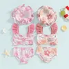 Één-stuks peuter Baby Girls Summer Swimsuit Floral Print Fly Sleeve Tankini Tops Swim Shorts Swim Cap 3 stuks Badpak Beach Bikini