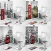 Duş Perdeleri Kırmızı Telefon Salonu Büyük Ben Londra Banyo Mat Retro Peyzaj Banyo Dekor Seti kaymaz halılar Tuvalet Kapı Paspasıları